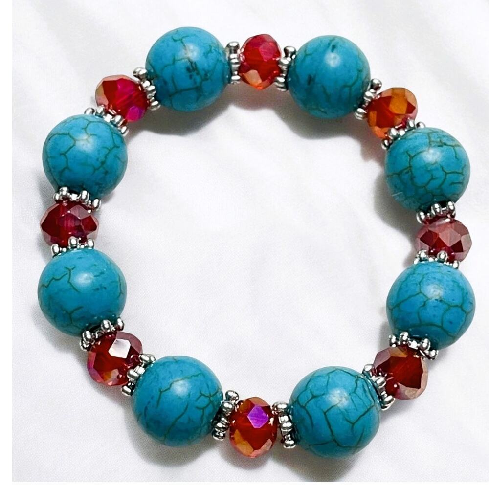 Boho Style, Turquoise Howlite Beads, Swarovski Red Iridescent Stretch Bracelet
